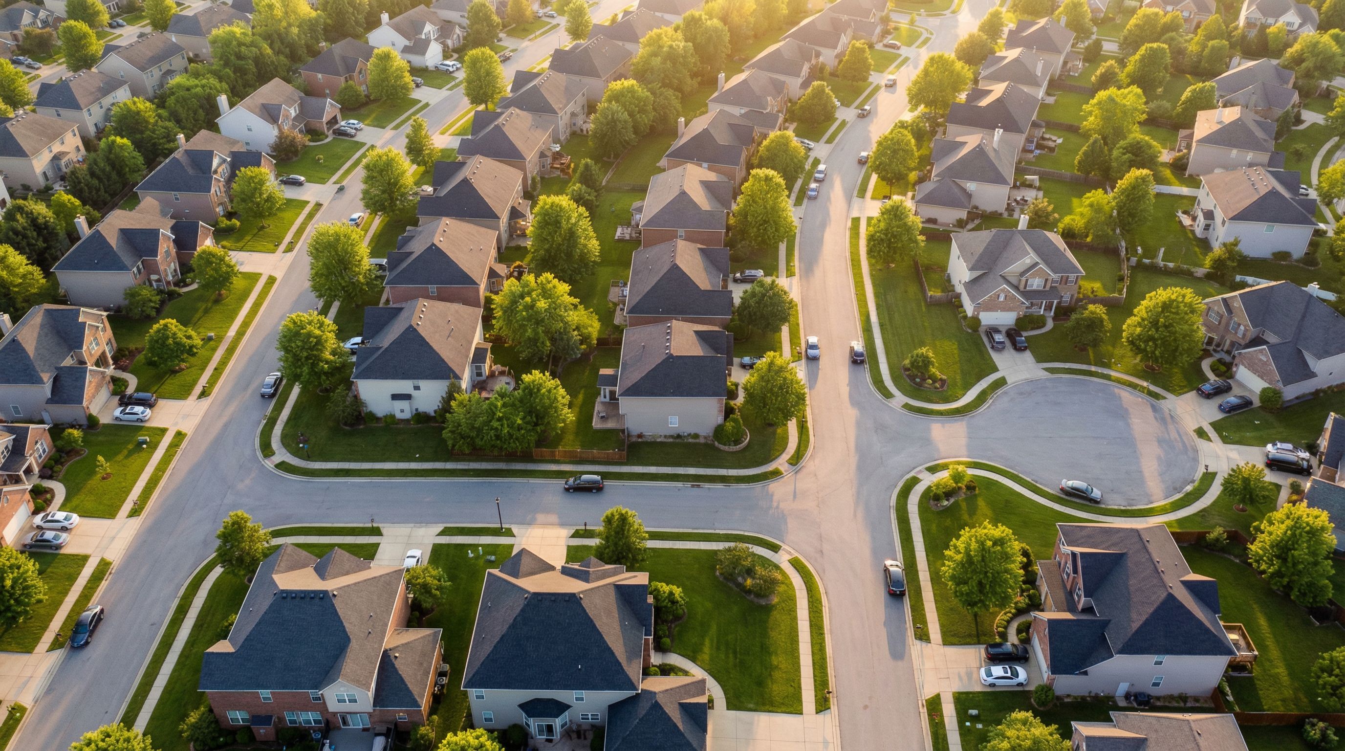 Aerial view of a suburban neighborhood with residential rooftops at golden hour