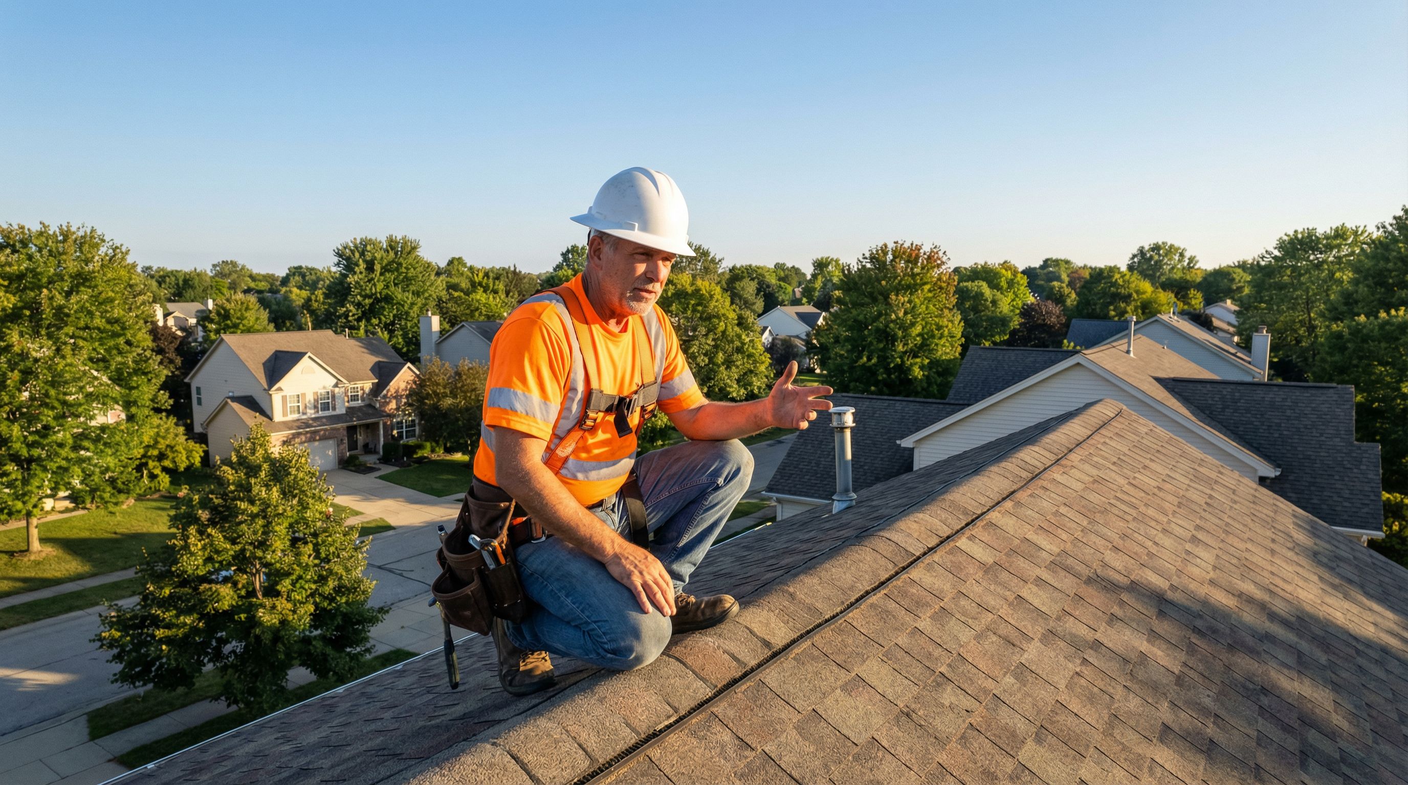 Roofing contractor inspecting an asphalt shingle roof on a sunny day