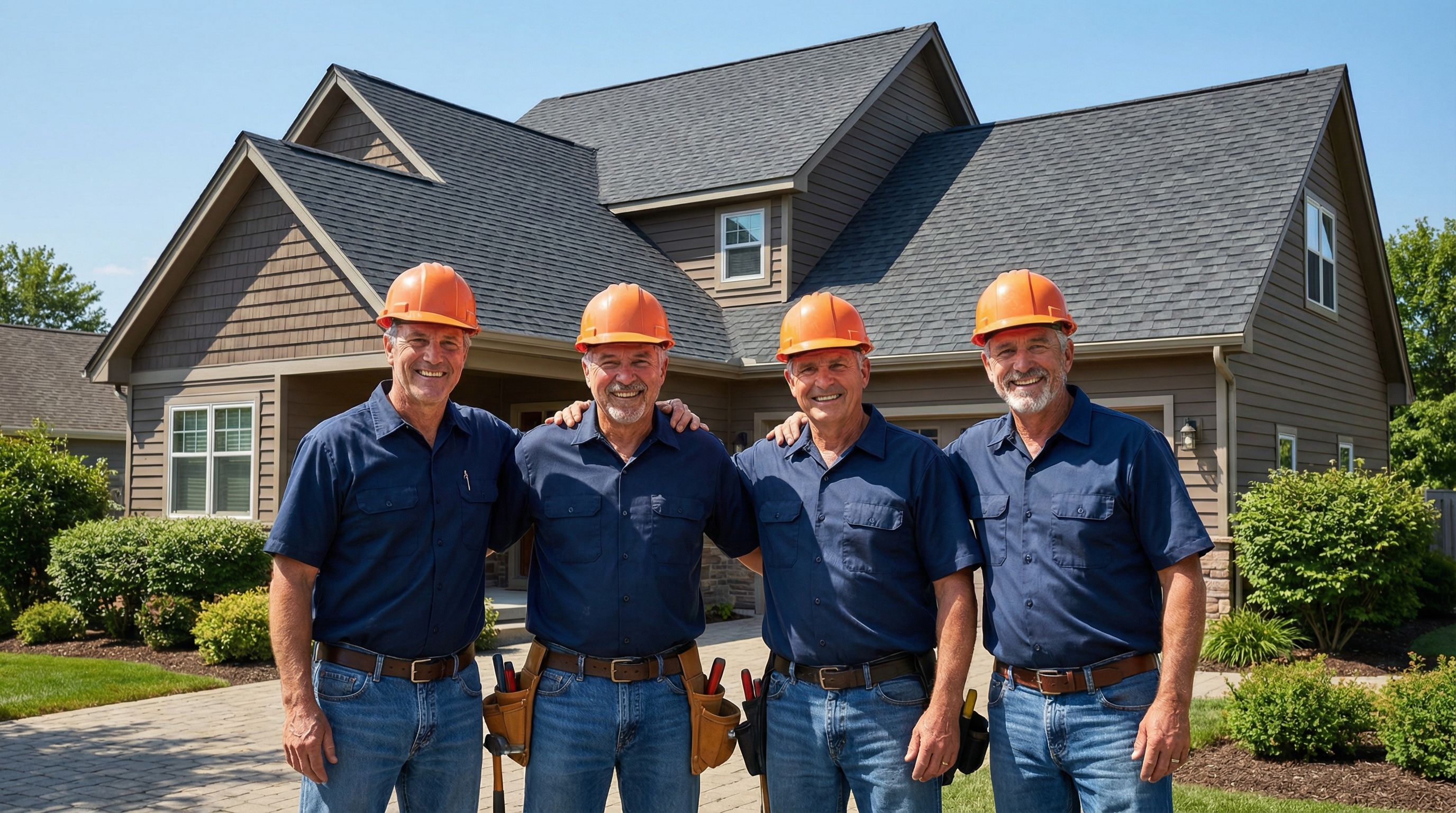 Professional roofing team in front of a completed residential roof replacement
